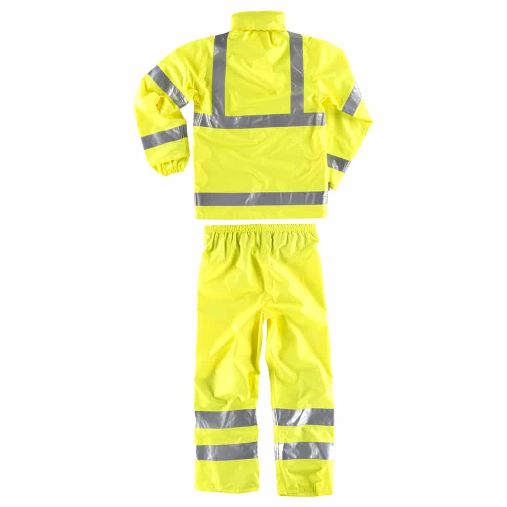 Ensemble-impermeable-fluo-jaune-bandes-reflechissantes-vue-dos Ensemble imperméable fluo jaune bandes réfléchissantes vue dos