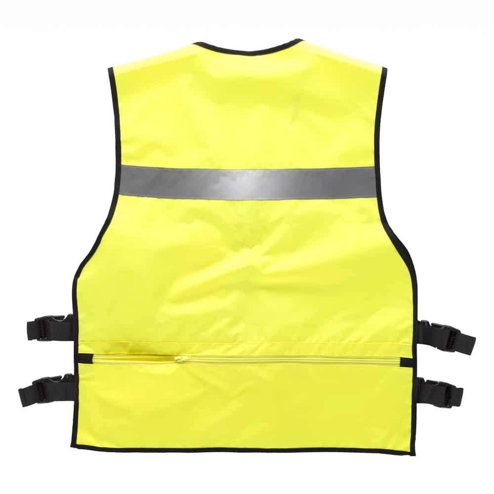 Gilet sans manche jaune fluo avec bandes réfléchissantes vue de dos
