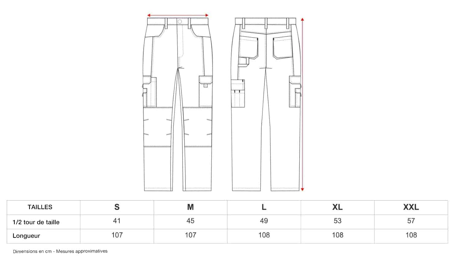 Pantalon de travail CARGO guide des tailles