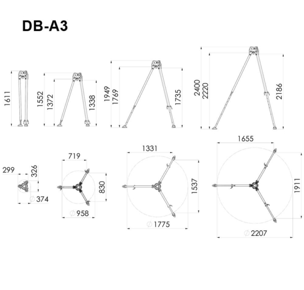 Trepied aluminium DB-A3 Ikar dimensions